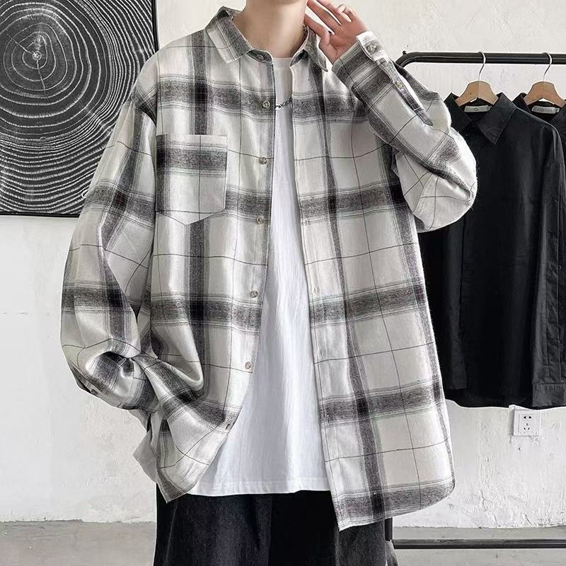 格子长袖衬衫男春秋季2025潮流ins休闲夏季薄款外套港风宽松衬衣